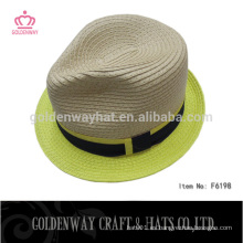 Neón color naranja borda papel trenzado paja fedora sombreros con cinta negra